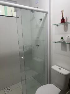 a glass shower in a bathroom with a toilet at Apartamento nos Lencois Confort in Barreirinhas