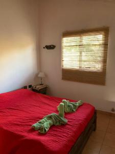 una manta verde sobre una cama roja en un dormitorio en Caty en Merlo