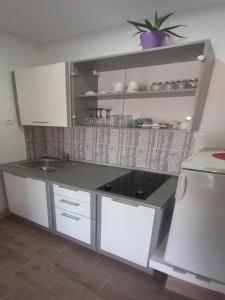 a small kitchen with a sink and a refrigerator at Rooms Providenca in Gradac