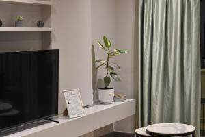 地拉那的住宿－TAM Serviced Apartment Shallvaret Central District，一间客厅,客厅里配有电视,架子上还有植物