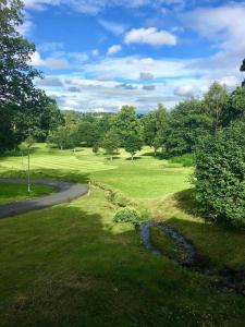 a view of a park with a stream in the grass at Fabulous Lodges at Cameron House, Loch Lomond in Balloch