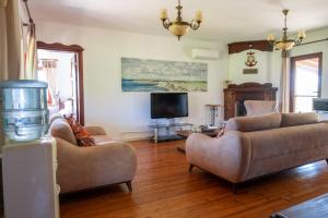 a living room with two couches and a flat screen tv at Serene House with Backyard in Bozcaada in Canakkale