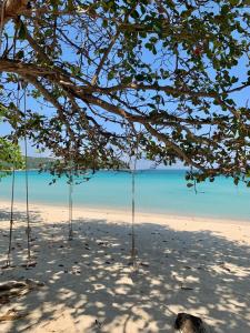 a beach with trees on the sand and the water at Pen's Bungalow Koh Phangan in Thong Nai Pan Yai