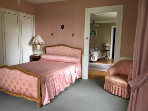 a bedroom with a pink bed and a chair at Les Tilleuls in Morbier