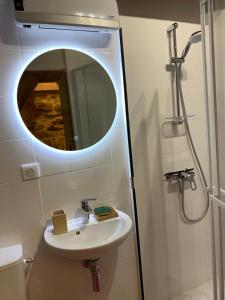 a bathroom with a sink and a mirror at Gîte chez le Gaulois in Carsac-Aillac