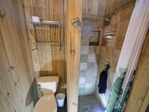 a small bathroom with a toilet and a shower at Hummingbird Beach House in West Bay