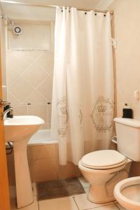 y baño con lavamanos y cortina de ducha. en Temporales Ushuaia - Sueños A en Ushuaia
