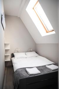 a bedroom with a white bed with a skylight at Agroturystyka Yvonne in Zawoja