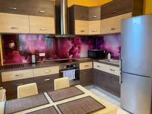 a kitchen with wooden cabinets and a stainless steel refrigerator at Cat Garden Elegant Apartments Riga in Rīga