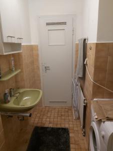 ein Badezimmer mit einem grünen Waschbecken und einer Tür in der Unterkunft 1 Zimmerwohnung mit Küche, Balkon und Badezimmer in Düsseldorf Apartmen in Düsseldorf