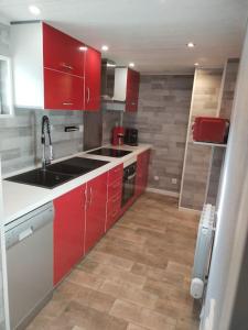 - une cuisine avec des placards rouges et un évier dans l'établissement Charmant appartement cosy, à Sélestat