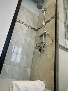 eine Dusche im Bad mit Glastür in der Unterkunft L'appart du centre in Paris