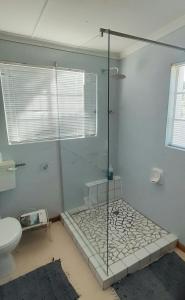 uma casa de banho com um chuveiro e um WC. em Die Lemoenhuis em Calvinia