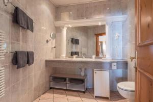 un bagno con lavandino, WC e specchio di Ferienhaus Willms am Gaisberg a Kirchberg in Tirol Altre 96 foto