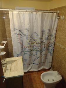 baño con cortina de ducha y mapa en Cabañas Magnolia en Villa Pehuenia