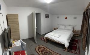 um pequeno quarto com uma cama e uma televisão em Casa Maria em Vişeu de Sus