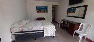 1 dormitorio con cama, escritorio y silla en Hotel Xetawaa´l, en San Pedro La Laguna