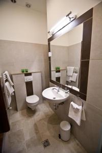 a bathroom with a sink and a toilet and a mirror at SasOne Rooms in Budapest