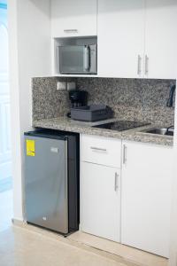 eine Küche mit einem Kühlschrank und einer Mikrowelle in der Unterkunft Estudio 9 en la Zona Colonial in Santo Domingo