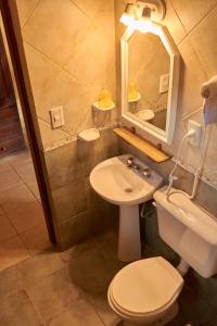 a bathroom with a sink and a toilet and a mirror at Kau Kaleshen in El Calafate