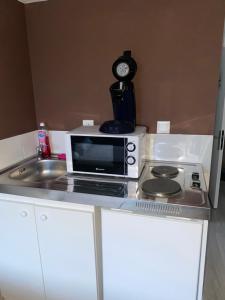 a microwave sitting on a counter next to a sink at La Dilichambre in Carcagny