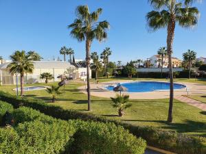 einen Park mit Palmen und einem Pool in der Unterkunft casa el Eden nudista in Playas de Vera