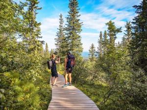 two people walking on a boardwalk in the woods at 12 person holiday home in IDRE-By Traum in Idre