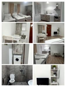 a collage of four pictures of a room with beds at Room Click inn in Gjirokastër