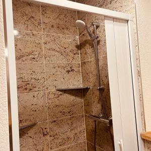 um chuveiro numa casa de banho com uma porta de vidro em Rose Boardinghouse em Grossbottwar