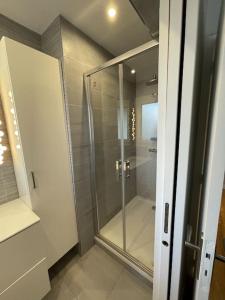 baño con ducha y puerta de cristal en Appartement Roland-Gaross/Boulogne-Billancourt, en Boulogne-Billancourt