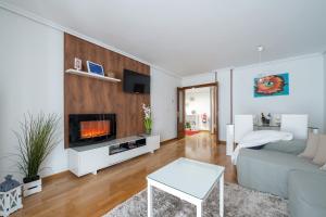 a living room with a couch and a fireplace at Dolce Vita Centro in Vitoria-Gasteiz