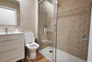 a bathroom with a toilet and a glass shower at APARTAMENTOS SANLUCAR CASA C in Sanlúcar de Barrameda