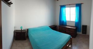 a bedroom with a blue bed and a window at Alquiler por día Choele Choel 1 in Choele Choel