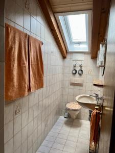 een badkamer met een wastafel, een toilet en een raam bij „Partanum“ in Garmisch-Partenkirchen