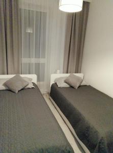 2 camas en una habitación con ventana en Apartament MajaHouse, en Nowa Sól