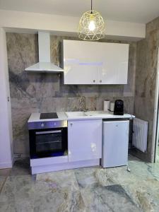 eine Küche mit einer Spüle und einer Mikrowelle in der Unterkunft Golden Love - Jacuzzi in Rouen