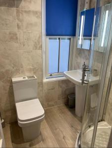 a bathroom with a toilet and a sink at Seagull Cottage in Looe