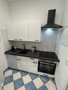 eine Küche mit weißen Schränken und einem Herd mit Backofen in der Unterkunft Cozy Studio-Apartment - Südplatz in Leipzig