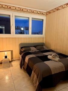 una camera con due letti e due finestre di Comfy, cosy, and spacious apartment near Paris a Bezons