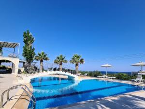 a swimming pool with a bridge and palm trees at Oasis Scaleta Hotel in Skaleta