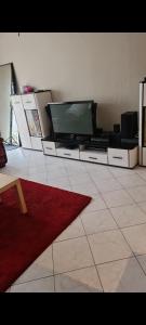 a living room with a tv and a red rug at maison de vacances in Halle