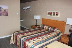 1 dormitorio con 1 cama con colcha colorida en Flamingo Motel en Penticton