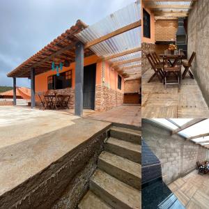 a house with a view of a patio and a table at Chalé Flor da Serra in Conceição da Ibitipoca