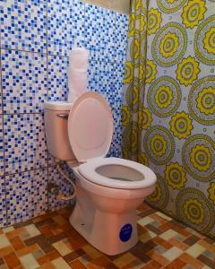 a bathroom with a toilet with a roll of toilet paper on it at Rustic House Hostel in Moyogalpa
