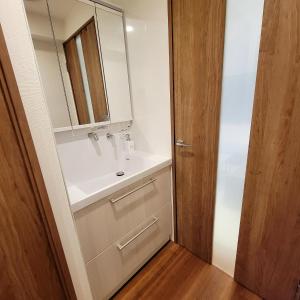 een badkamer met een witte wastafel en een spiegel bij 新大久保ヴィラヨシダ in Tokyo