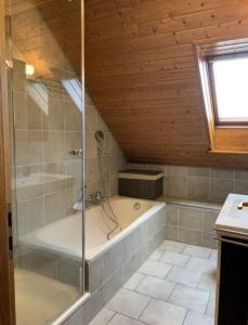 y baño con ducha y bañera. en Auszeit am Federsee en Bad Buchau