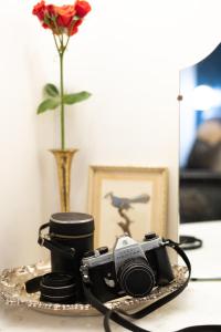 a camera on a table with a vase with a flower at Westwood Lodge in Bright