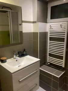 W łazience znajduje się umywalka i lustro. w obiekcie Chata s panoramatickou saunou w mieście Chyše