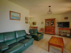 uma sala de estar com um sofá de couro verde e uma mesa em Maison Casaglione-Tiuccia, 4 pièces, 6 personnes - FR-1-61-510 em Casaglione