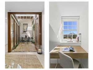 a kitchen and a dining room with a door leading to a patio at WIND82D - Windmill at Dawes in Sydney